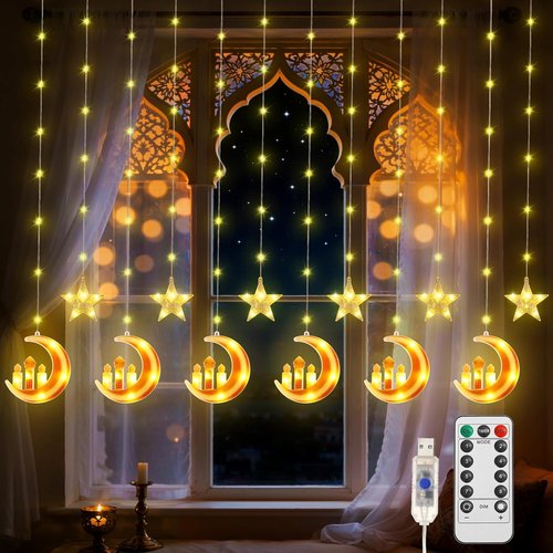 Lewondr LED Moon Castle Fairy Lights - 138 String Lights with Remote Control & Timer | Orange Ramadan Decor