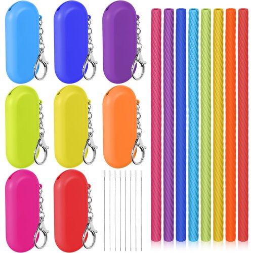 Meanplan 8 Set Cruise Ship Essentials,Silicone Straws with Case Reusable Foldable Portable Drinking Straw for Party Travel Cold or Hot with Carry Case and Cleaning Brushes (Rainbow Colors)