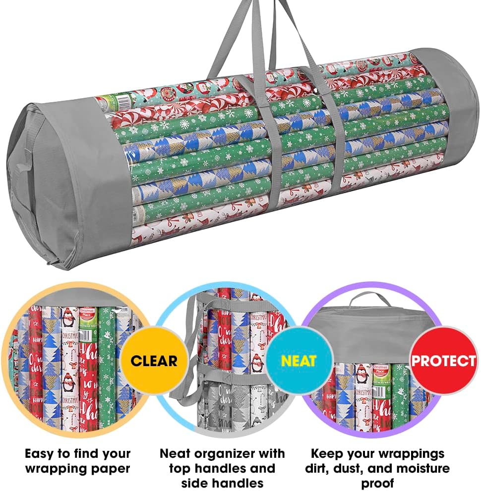ProPik Wrapping Paper Organizer - Heavy Duty Storage Bag for 24 Rolls, Fits 40-Inch Long Wraps | Gray & Clear