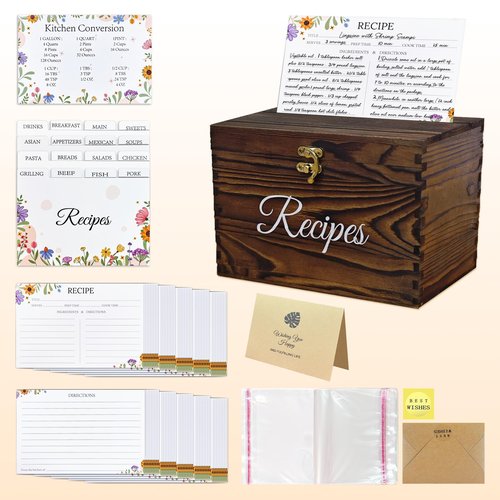 OurWarm Wooden Recipe Box with Cards and Dividers, 4x7 Recipe Box to Write in Your Own Recipes, Gift for Housewarming Grandma Mom Wedding Bridal Shower, Includes 100 4x6 Recipe Cards and 16 Dividers