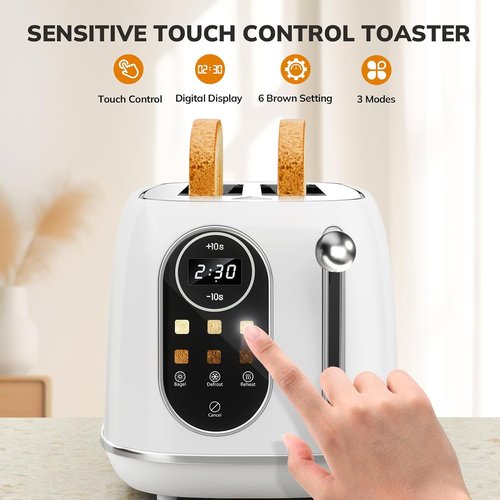 Keenstone 2-Slice Smart Touch Screen Toaster - Retro Stainless Steel with 6 Browning Levels | White