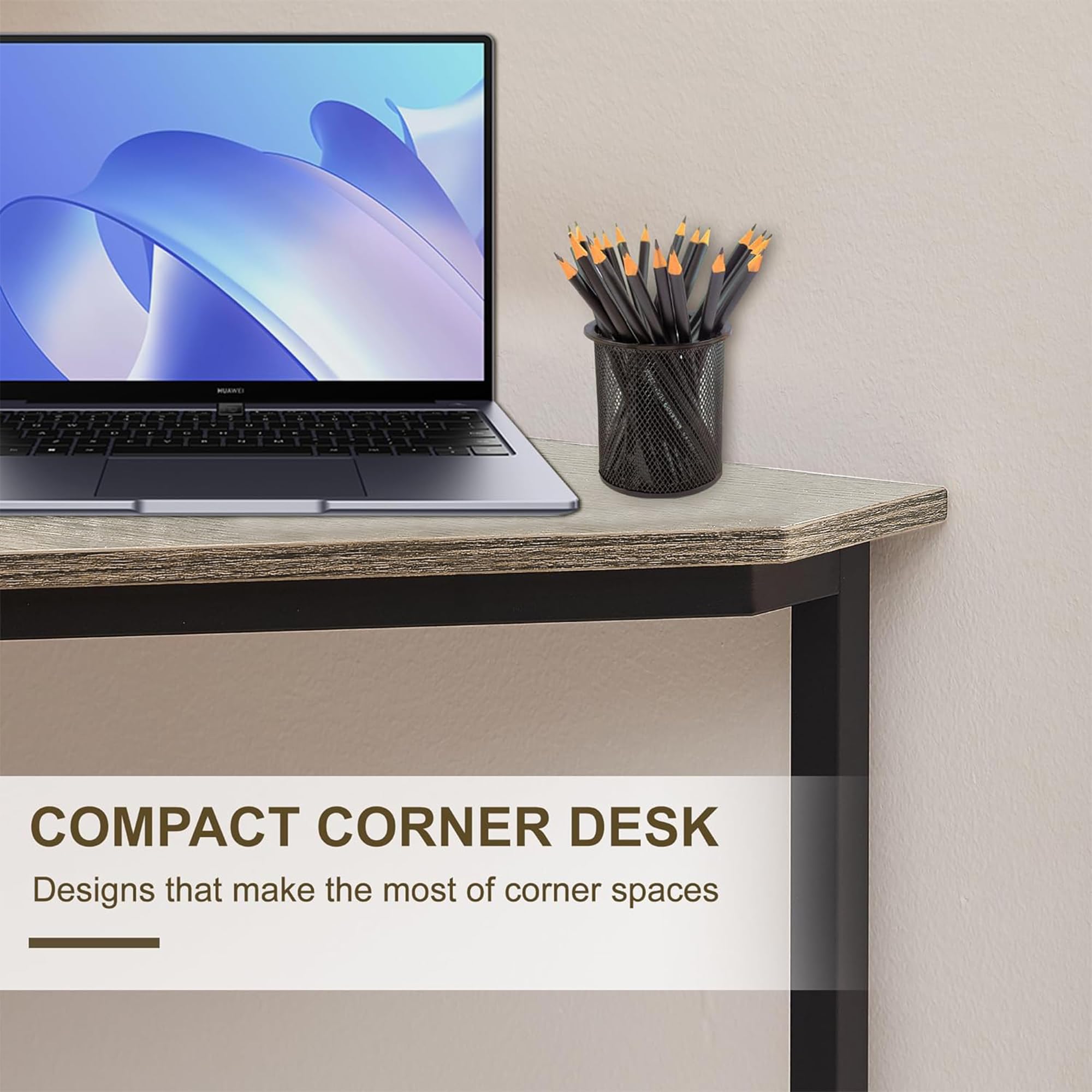 VECELO Corner Desk,Office Tables for Living Room for Small Space Triangle Computer Desk with Steel Frame Corner Shelves with Metal Frame Writing Desk for Workstation Classic Grey 33.1"
