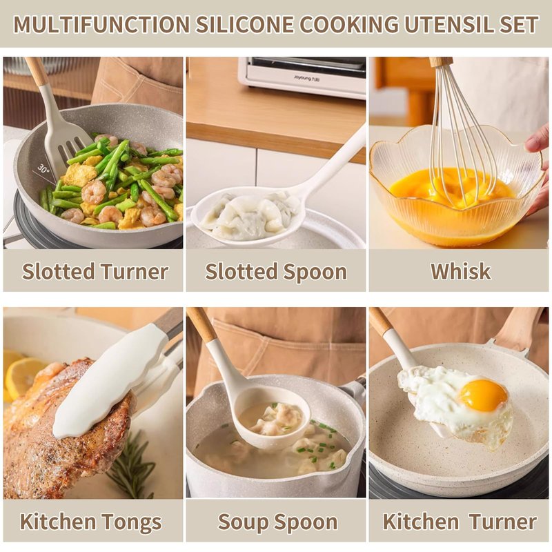 Jiufei Home 13-Piece Silicone Kitchen Utensils Set, Wooden Handle Nonstick Cooking Tools with Spatula Turner Tongs Ladle, Heat Resistant 450°F BPA-Free Dishwasher Safe Cookware Accessories (White)