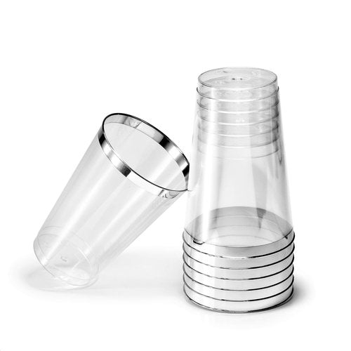 " OCCASIONS " 100 Pieces Wedding Party Disposable Plastic tumblers Cups (14 Oz, Clear & Silver Rimmed Tumbler)