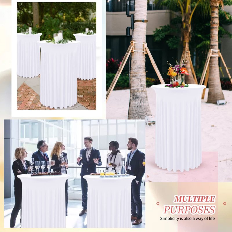 REWOMC 8 Pack White Spandex Round Cocktail Table Skirt, 24"x 43", Wavy Drapes, Stain & Wrinkle Resistant, Perfect for Cocktail Parties, Weddings, Banquets