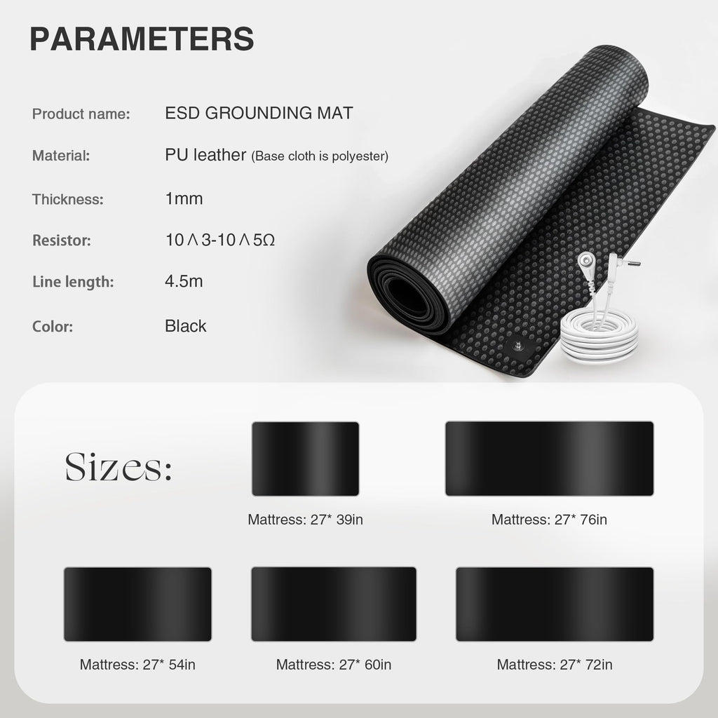 Grounding Mat for Bed, Grounded Pad for Sleep, Anti-Slip PU Leather Grounded Mat with Grounding Cord, 27''×76‘’
