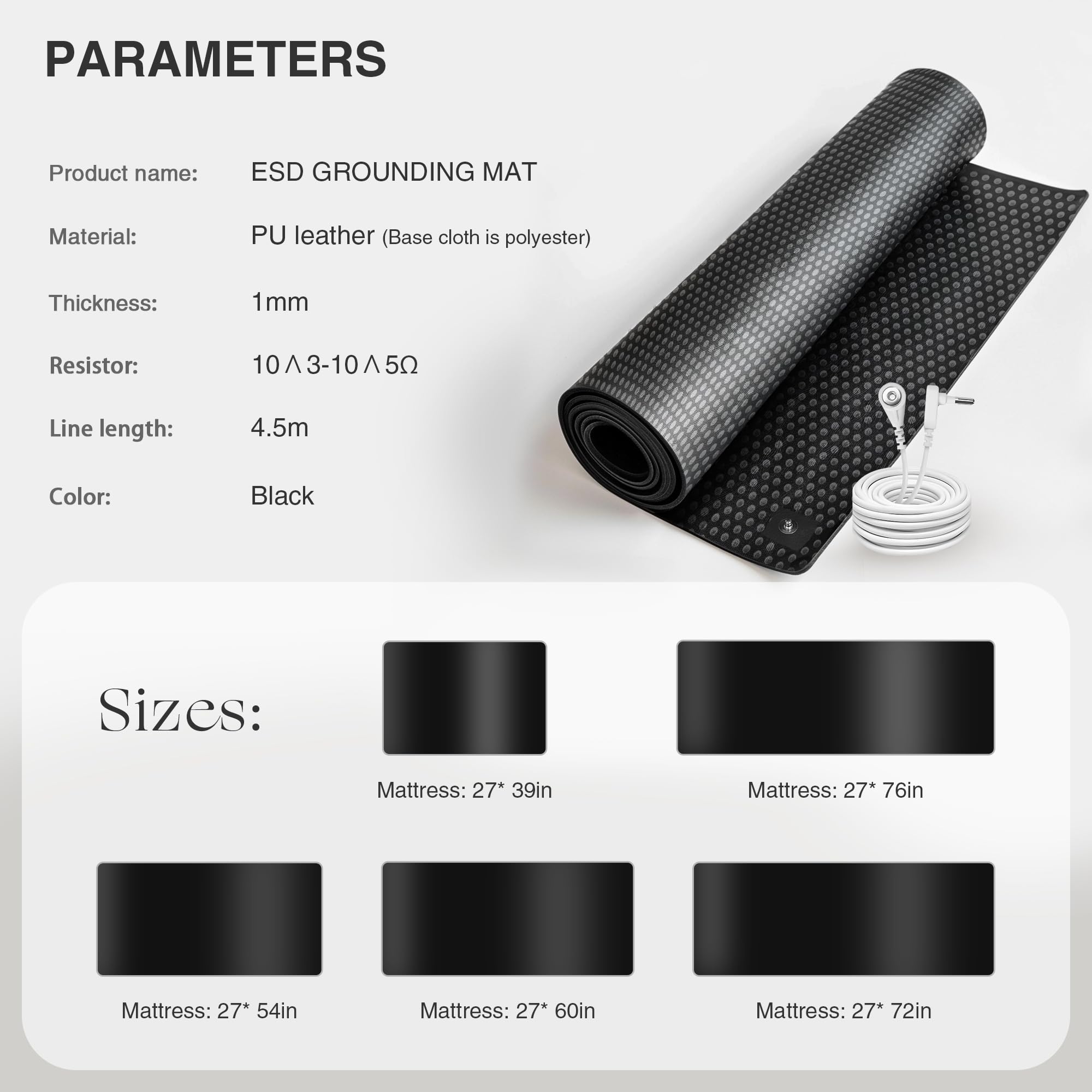 Grounding Mat for Bed, Grounded Pad for Sleep, Anti-Slip PU Leather Grounded Mat with Grounding Cord, 27''×76‘’