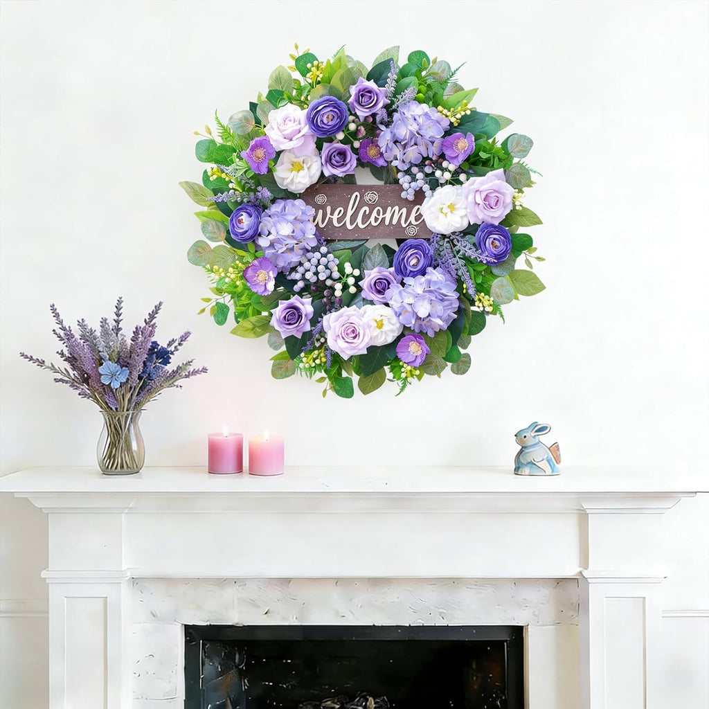 Regine Switzerland 24-Inch Spring Wreath - Luxury Purple Floral Design with Welcome Sign for Front Door Decor