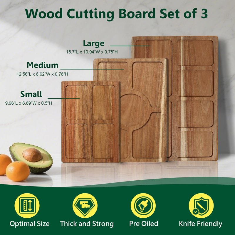 Acacia Wood Cutting Boards for Kitchen Set of 3, Chopping Board with Holder, with Deep Juice Groove Grip Handles, Charcuterie Boards, for Meat, Vegetables and Fruits and Cheese (Set B of 3)