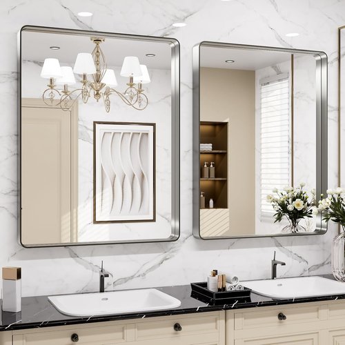 LOAAO Brushed Nickel Bathroom Mirror - 24x32 Inch Rounded Rectangle Design | Anti-Rust, Shatterproof, Versatile Hanging Options