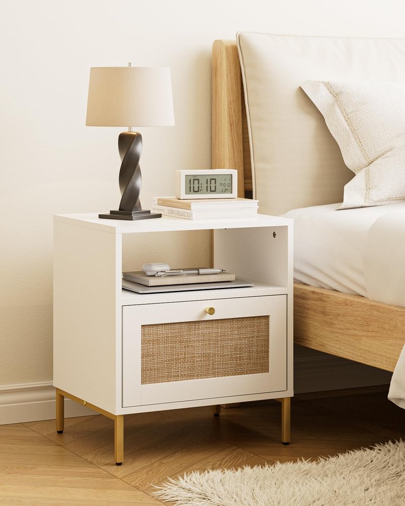 Apetaccat Extra Large Nightstand Rattan Night Stand, Modern Side Table Boho Farmhouse Wood Bedside Table with Storage Drawer and Open Shelf,Large End Table for Bedroom,Living Room,Office(White)