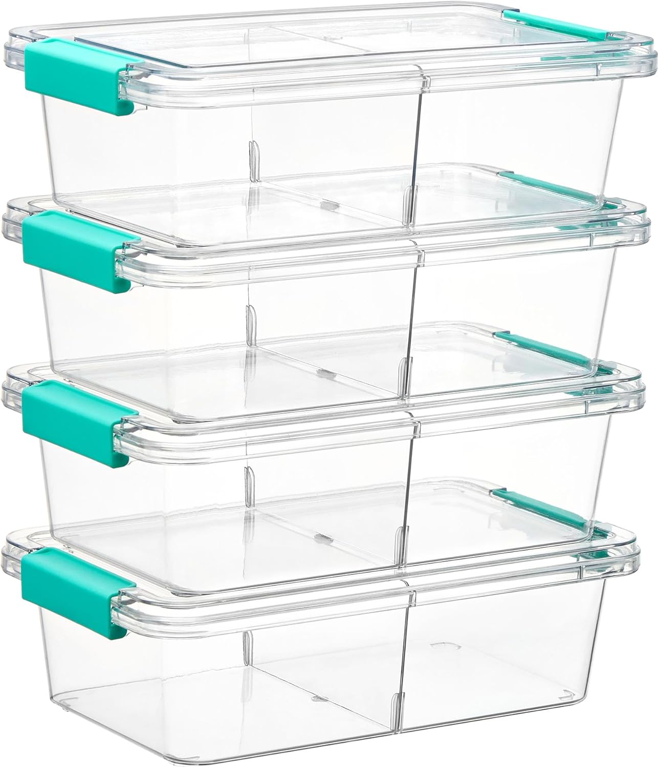 Vtopmart Clear Pencil Box - 4 Pack 1.5Qt Plastic Organizer with Removable Divider | Stackable Storage for Office & Crafts