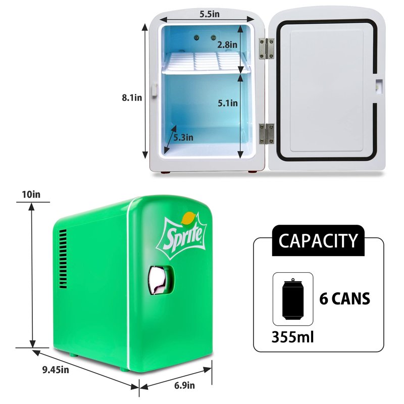 Koolatron Sprite Mini Fridge - 6 Can Refrigerator for Bedroom Office, Portable Table Top Beverage Cooler, 12V 110V Refrigerador For Drinks, Soda, Wines, Use In Car, Dorm, Outdoor, Patio