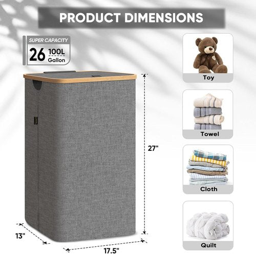 BALEINE Laundry Hamper - Tall 26 Gal Bin with Lid & Bamboo Pull Handles | Grey Color