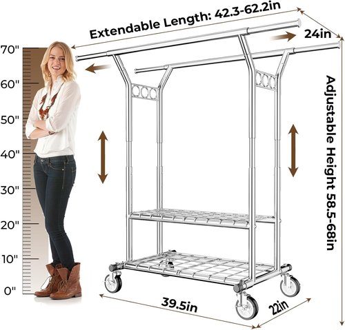 HYSEYY Heavy Duty Clothes Rack - Rolling Double Rod Garment Rack with Shelves | Adjustable & Portable, 620 LBS Capacity