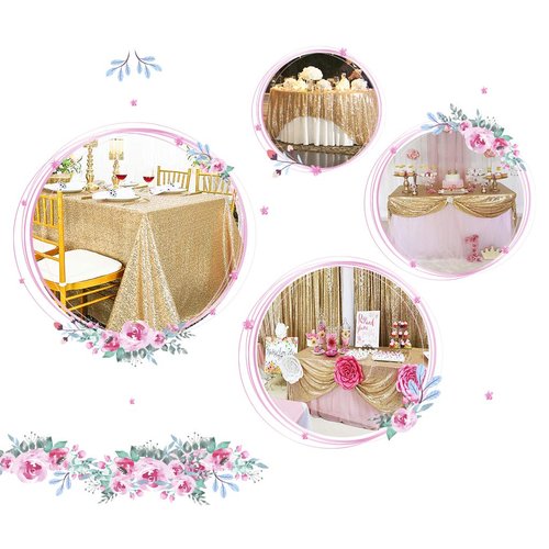 Juya Delight 90" x 132" Light Gold Rectangular‌ Sequin Tablecloth for Wedding Birthday Party Festival Ceremony Cake Dessert Table