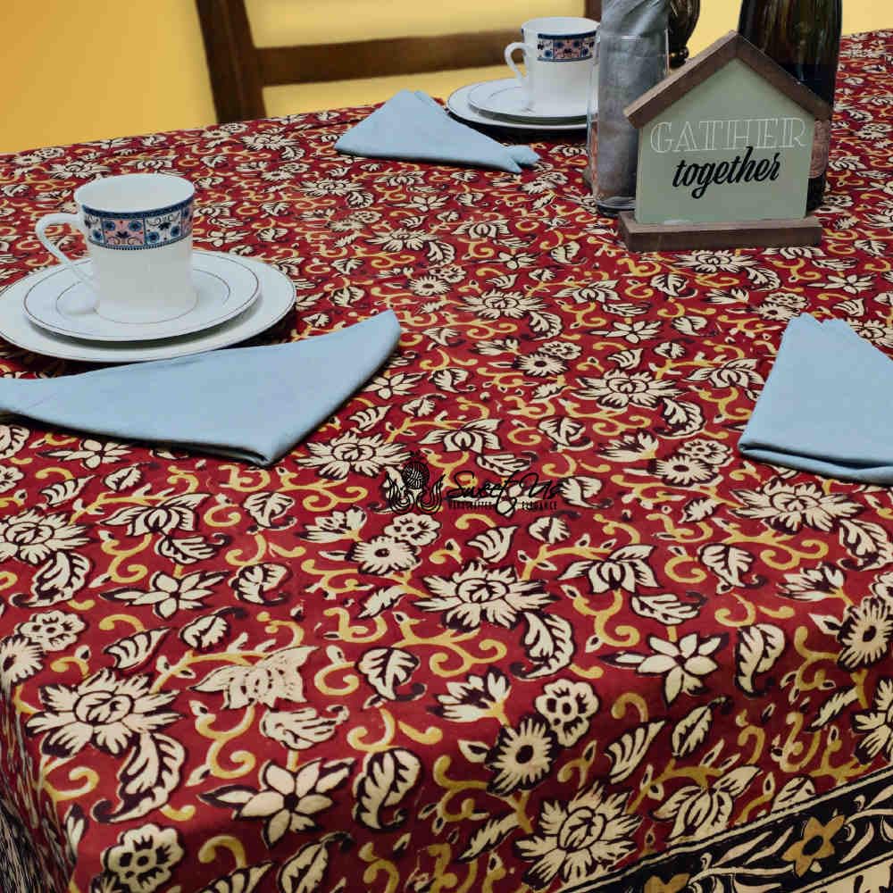 Sweet Us Marigold Bloom Cotton Block Print Tablecloth and One Gray Napkin, Floral Kitchen Dining Table Cloth, Table Cover for Indoor and Outdoors, Ruby Terracotta, 60 x 90 in