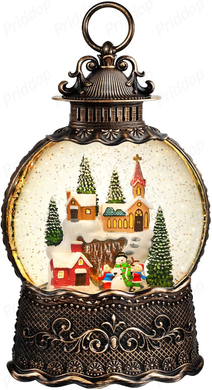 Priddop Village Snow Globe - Musical Christmas Decoration with Snowman Scene | 10.6 Inch USB/Battery Timer