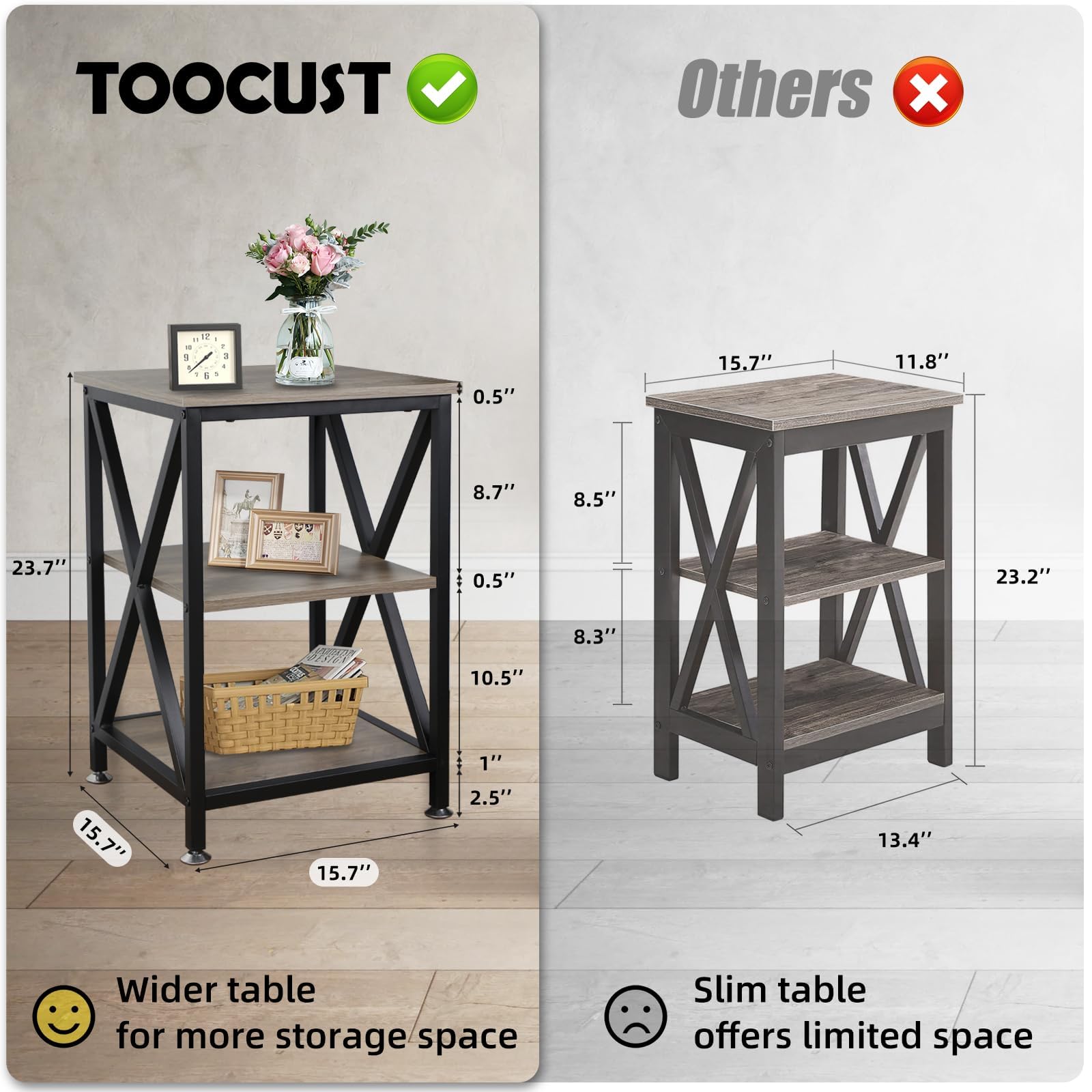 TooCust Square End Table with Storage Shelf, 16" D X 16" W X 24" H, 3-Tier End Table Living Room, Rustic Brown End Tables, X-Shaped Night Stand for Bedroom, Farmhouse Wood End Tables, Grey