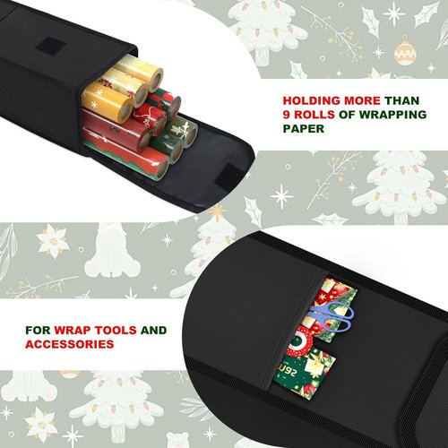 Demao Gift Wrapping Paper Storage Bag - Organize 9 Standard Rolls with Pocket | Black (2-Pack)