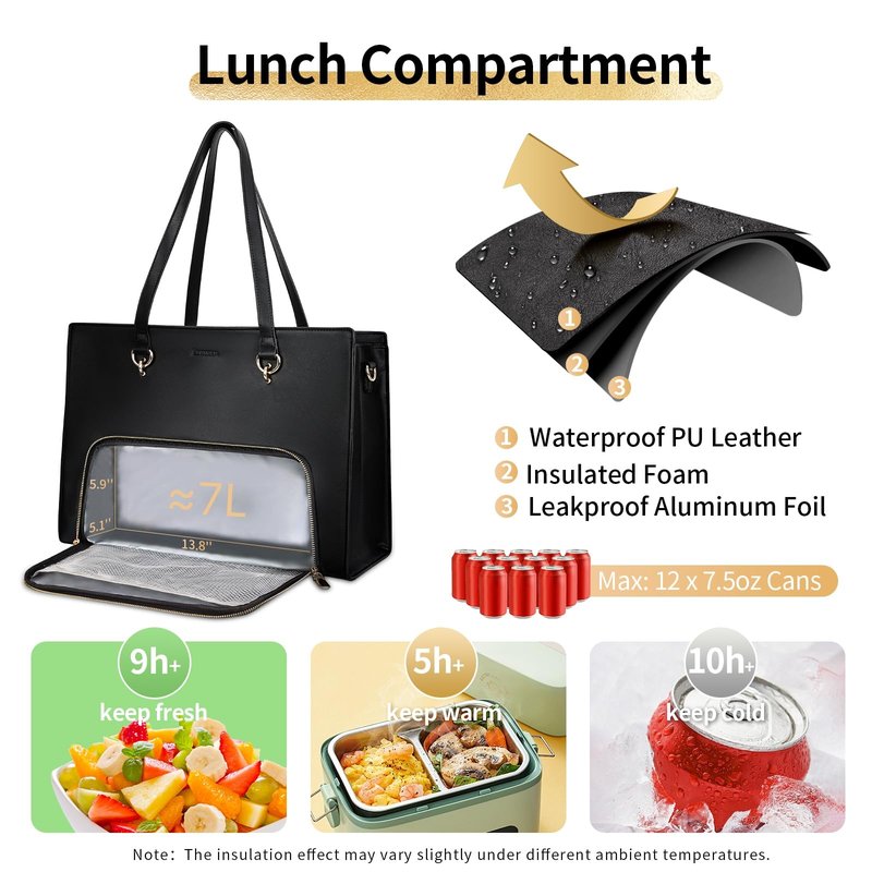 ESTARER Women Laptop Tote Bag with Insulated Lunch Compartment, 17-17.3 Inch PU Leather Work Bag Water-resistant, Convertible Large Business Computer Briefcase Handbag for Office/Travel/Casual, Black