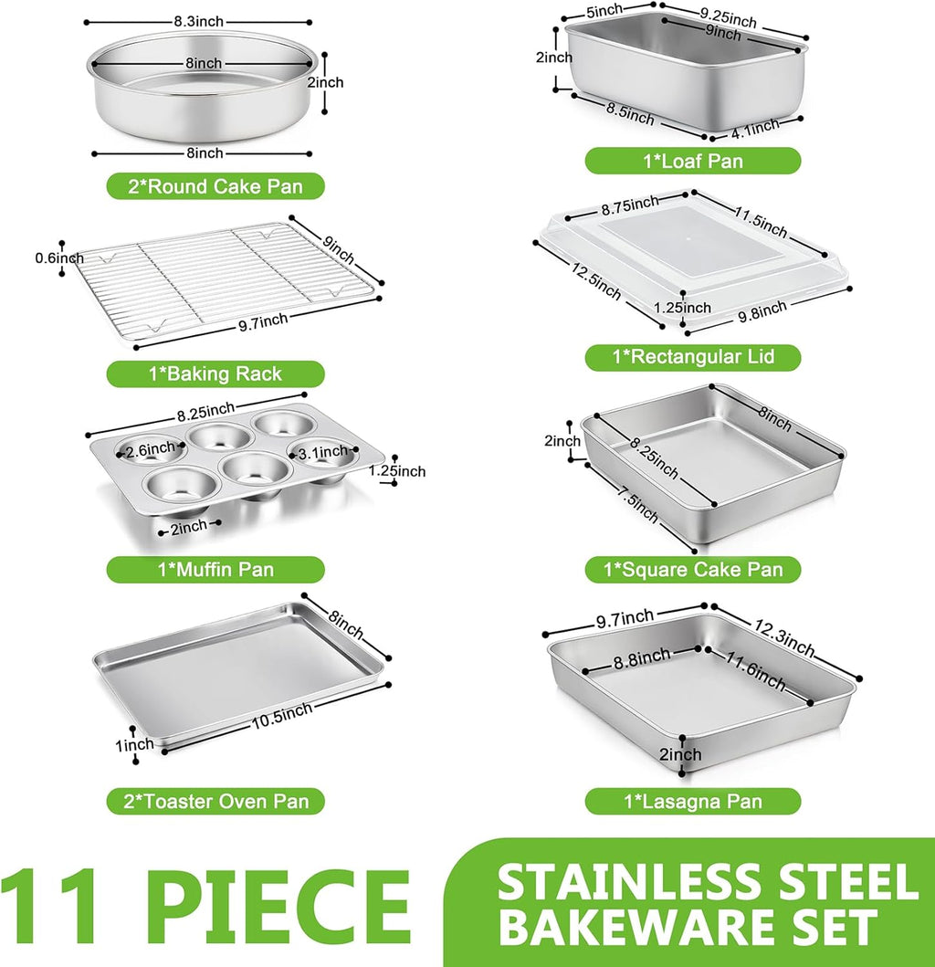 P&P CHEF Stainless Steel Bakeware Set - 11-Piece Baking Pans with Rack, Lasagna Pan, Muffin & Loaf Pans