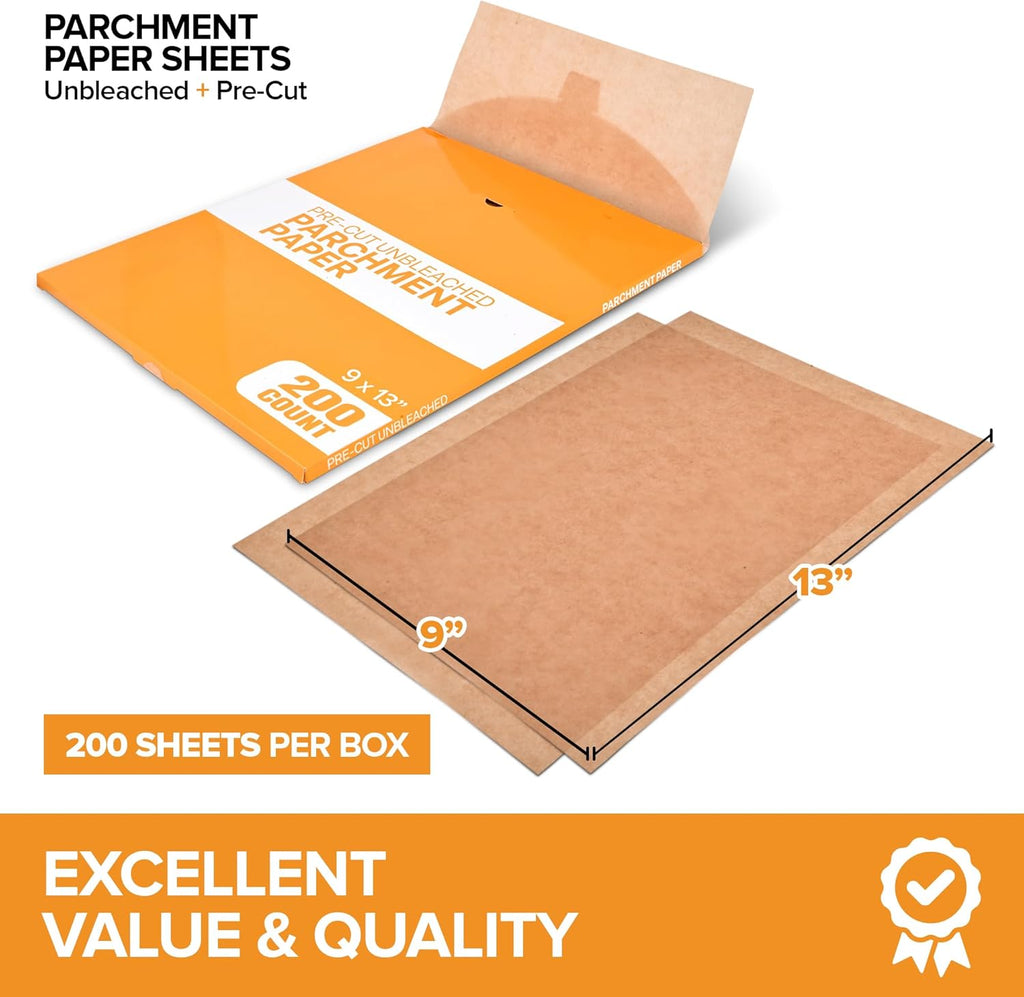 Stock Your Home Unbleached Parchment Paper Sheets - 200 Pre-Cut Baking Sheets | 9x13” Oven Liners