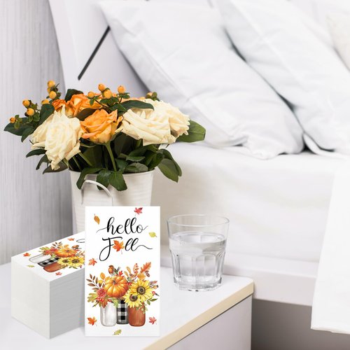 100 Pcs Fall Paper Napkins Thanksgiving Guest Napkin 3 Ply Pumpkin Paper Napkin Hello Fall Disposable Hand Towels Decorative Hand Paper Towel for Autumn Harvest Party, 13 x16 Inch