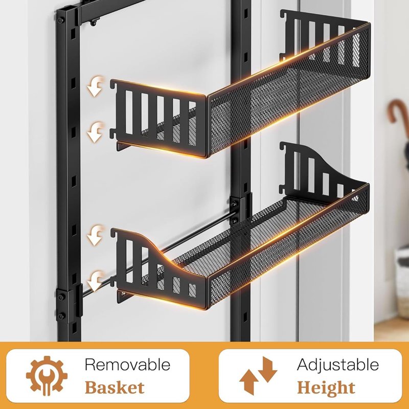 VIESOGEZ 6-story door mounted cutlery storage rack, large metal door seasoning rack with adjustable basket, 2-in-1 wall mounted kitchen cutlery storage rack, black