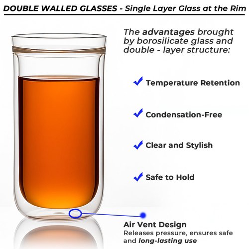 Aquach Double Wall Glass Cup 16oz 2pcs, Clear Insulated Coffee Drinking Glasses, Single Mouth/Double Body