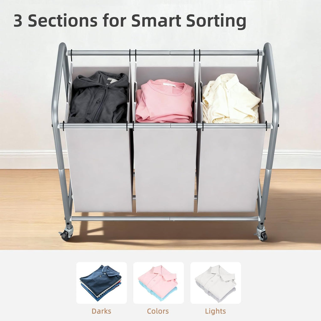 Storage Maniac Laundry Sorter - 3 Section Hamper Cart with Lockable Wheels & Removable Bags | 35.6 Gal, Gray