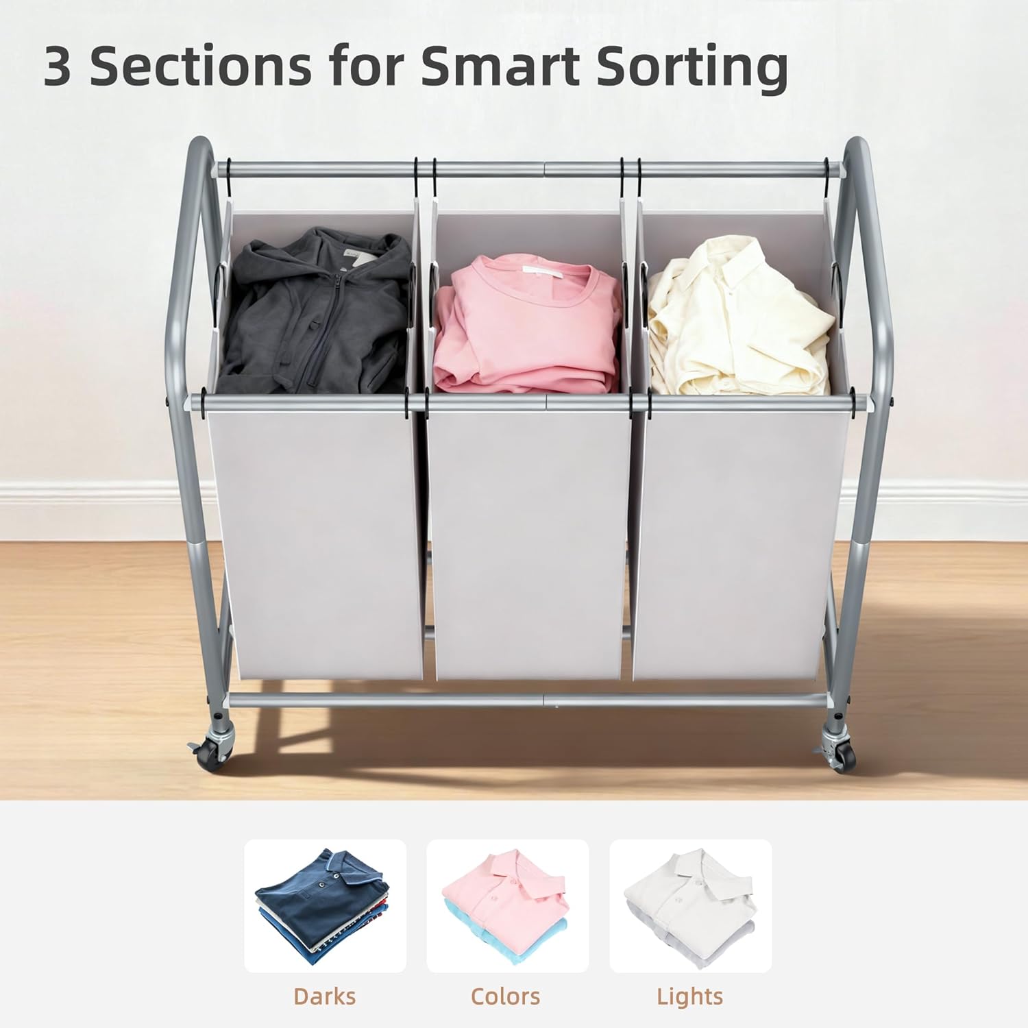 Storage Maniac Laundry Sorter - 3 Section Hamper Cart with Lockable Wheels & Removable Bags | 35.6 Gal, Gray