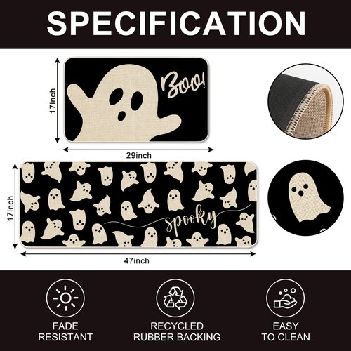 JarThenaAMCS Halloween Ghost Kitchen Mat Set of 2 Black Spooky Ghost Boo Kitchen Floor Mats Cute Non-Slip Door Rugs for Halloween Party Home Bathroom Entrance