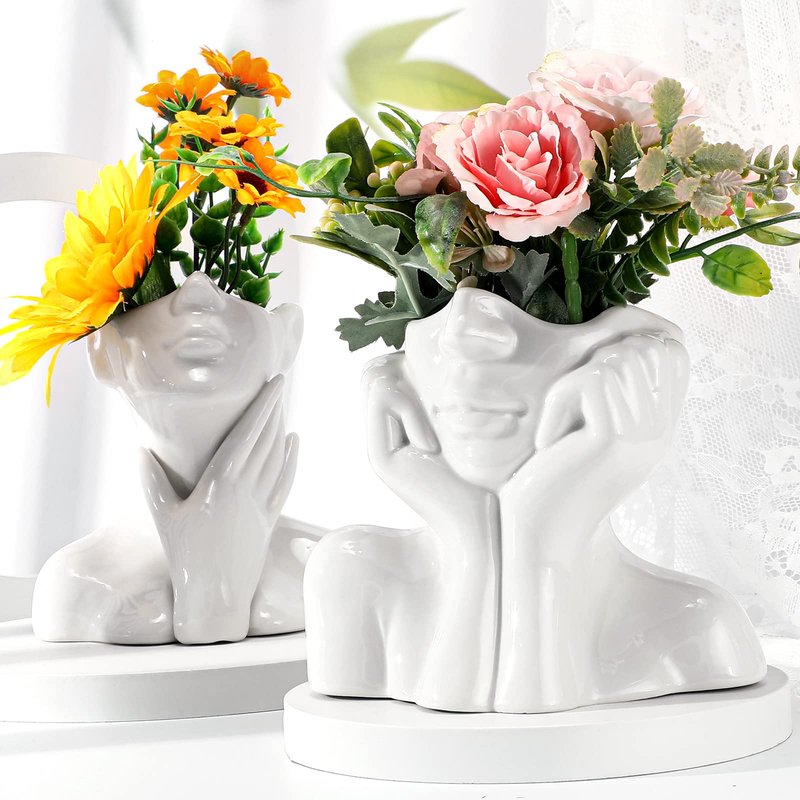 Sieral 3 Pcs Ceramic Face Vase Female Form Flower Modern Body Vase for Decor with Head Half Body Bust Centerpiece for Table Shelf Home Bedroom Room Office(Large,White)