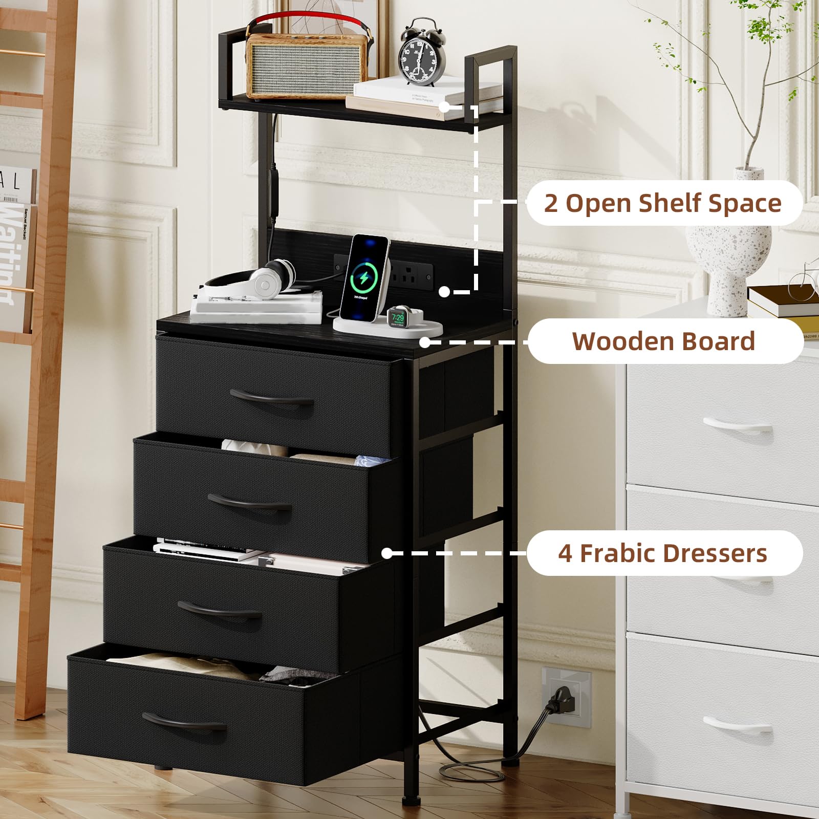 Somdot Black Nightstand with Charging Station and LED Lights, Bedside Table Tall Night Stand with 4 Fabric Drawers and Top Shelf for Bedroom Guest Room Dorm Hallway