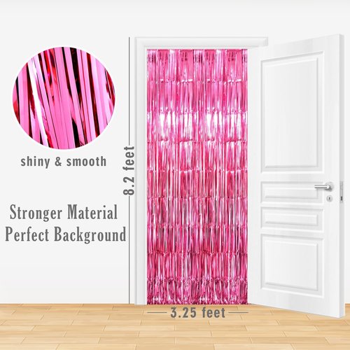 GOER Metallic Tinsel Foil Fringe Curtains - 3.2 ft x 8.2 ft Hot Pink Party Backdrop for Celebrations