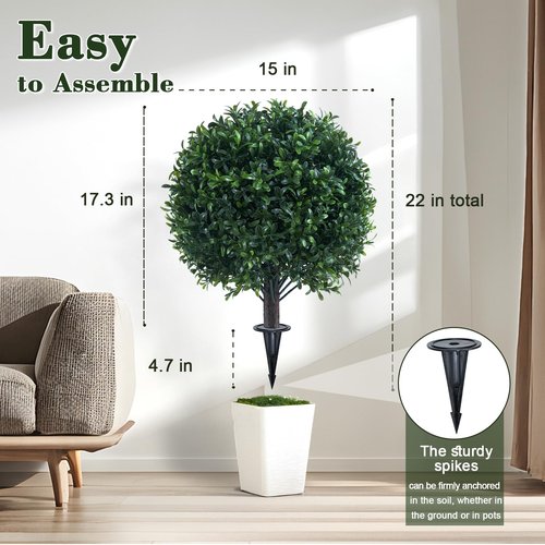 Chillchard Artificial Boxwood Topiary Ball Bush for Outdoor with Spike, UV Resistant Faux Boxwood Ball Tree with Stake for Outside Set of 2, Weatherproof Round Fake Shrubs for Entryway Front Porch