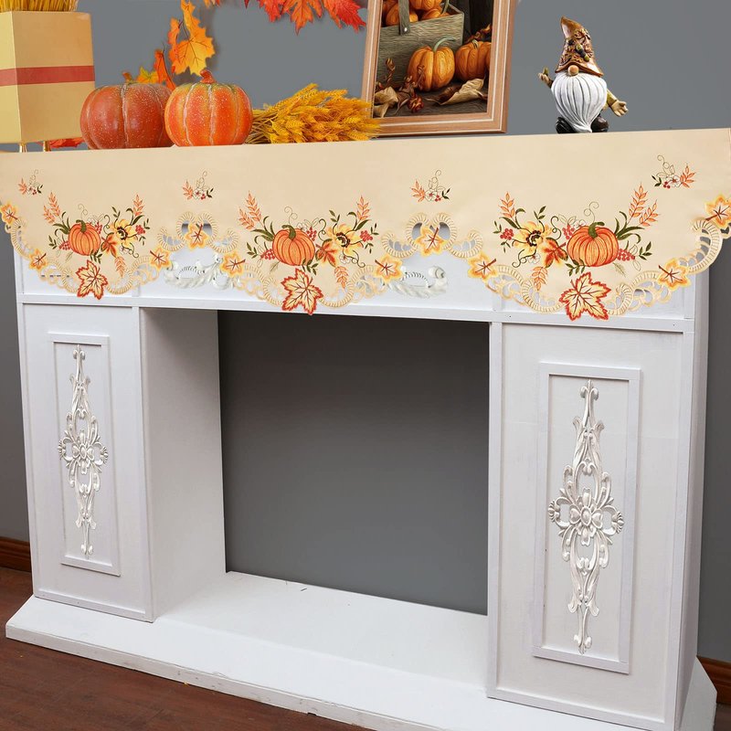 Simhomsen Beige Embroidered Pumpkins Fall Autumn Mantel Shelf Top Scarf Runner for Thanksgiving (70 × 17 inches)