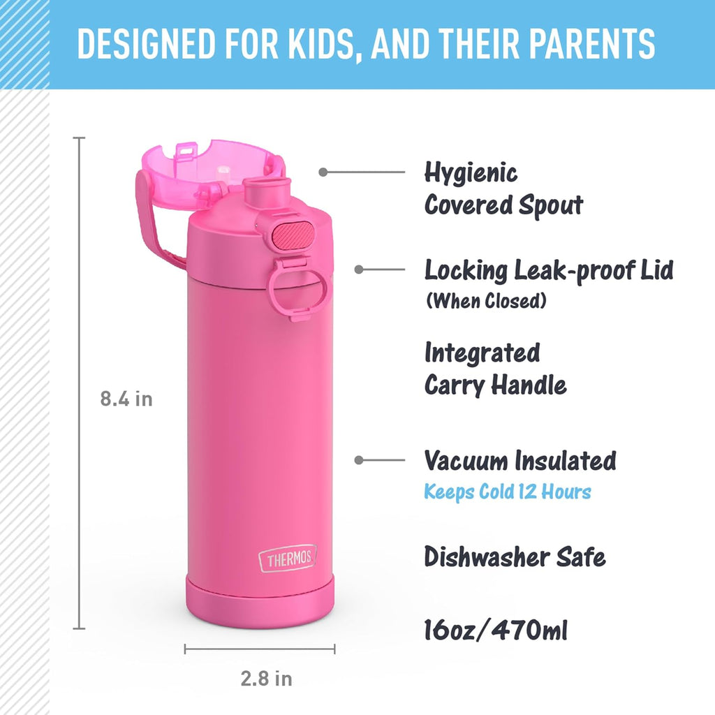 THERMOS FUNTAINER 16 Ounce Stainless Steel Vacuum Insulated Bottle - Wide Spout Lid, Neon Pink
