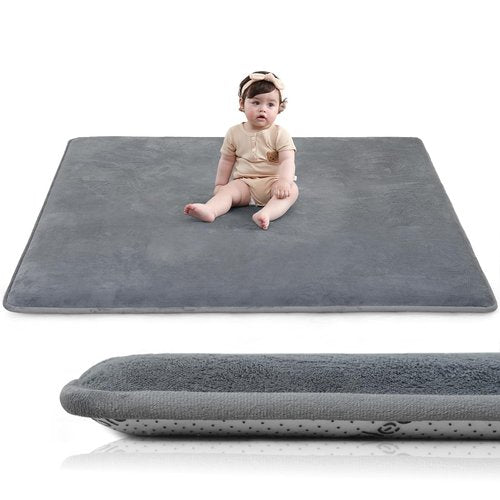 Huloo Play Mat - Non-Toxic 50"×50" Thick Elasti-Foam for Tummy Time | Soft Coral Velvet, Dark Grey