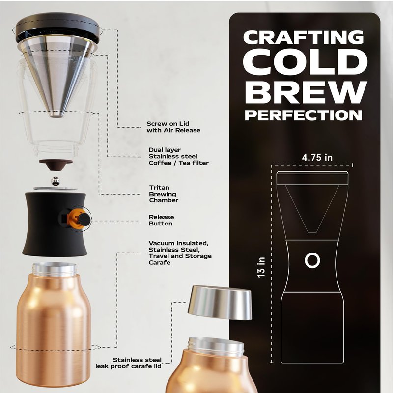 asobu Cold Brew Coffee Maker, Award-Winning 40oz Insulated Cold Brew Brewer with Portable Stainless Steel Carafe – No.1 Europe Coffee Fest Winner, Leakproof, BPA-Free, Keeps Cold 24H