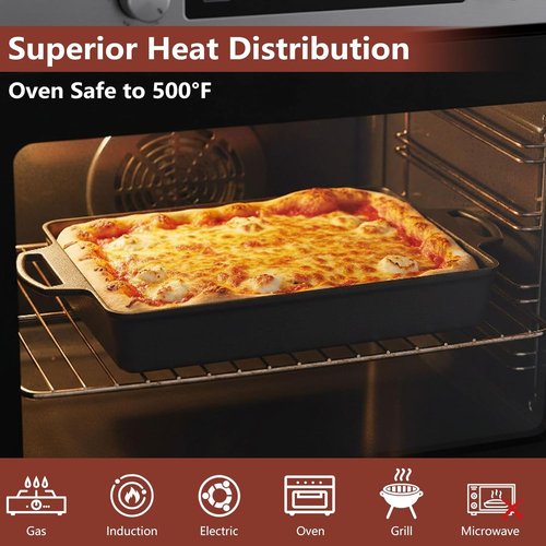 KEESHA Cast Iron Pizza Pan - 9x13 Inch Pre-Seasoned Deep Baking Dish for Casserole, Focaccia & Lasagna