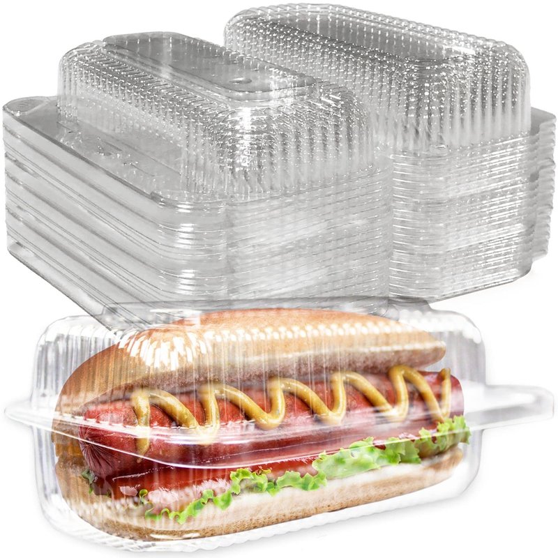 Sturdy, Locking Plastic Hot Dog Trays. 50 Pack. Premium, Disposable Food Presentation Boats for Takeout and to-Go Meals. Made from PET. Ridged Edge Designs Give an Upscale Look