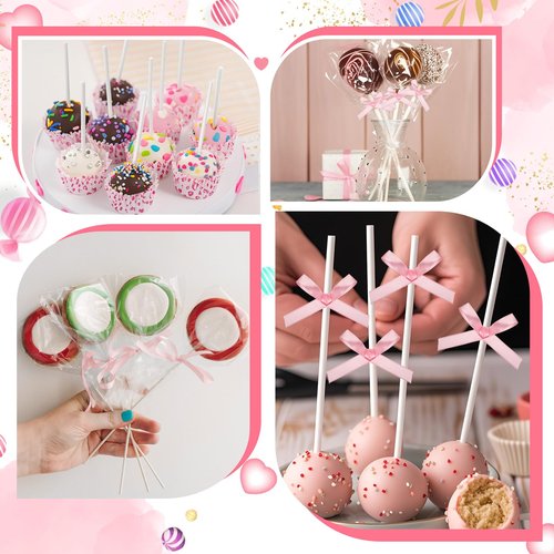 Honoson 50 Sets Cake Pop Sticks and Wrappers Kit with Clear Cake Pop Bags, 6 Inch Paper Lollipop Sticks and Bows for Cakepops, Candy and Chocolate, Valentine’s Day, Wedding and Party Favors (Pink)