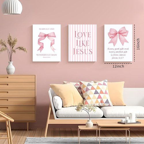 Dytila 3 Piece Pink Bows Wall Art - Cute Bible Verse Decor for Girls' Room | 12x16 Inch Dorm Artwork