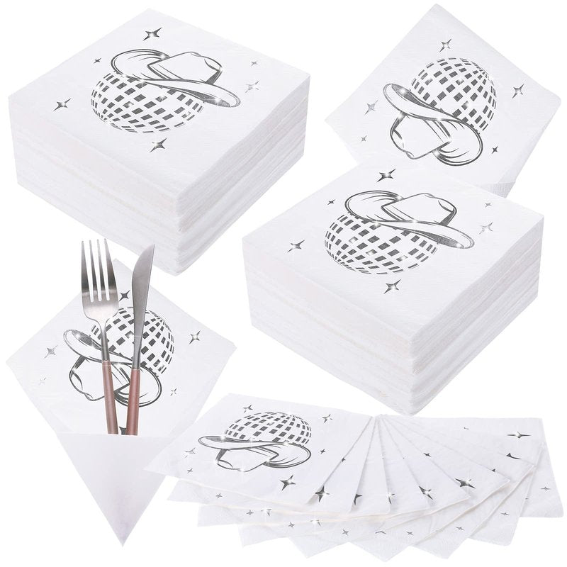 Ctosree 100 Pack Disco cowgirl Napkins 70s 80s 90s Disco Party Decorations Western Cowgirl Stylish Silver Napkins for Birthday Bachelorette Wedding (White)