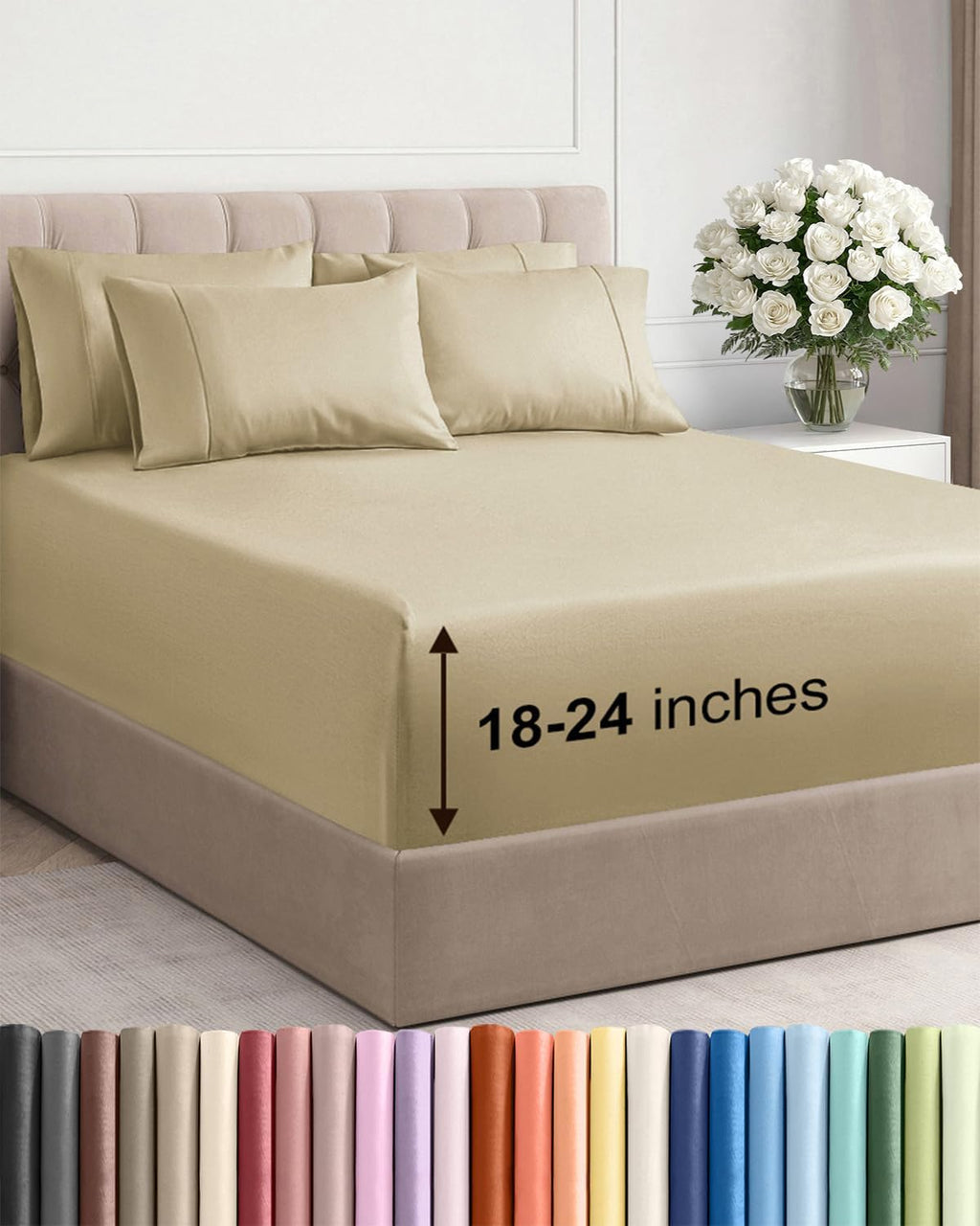Skiennix Extra Deep King Sheet Set - 6-Piece Breathable Cooling Bedding - Soft, Wrinkle-Free Beige