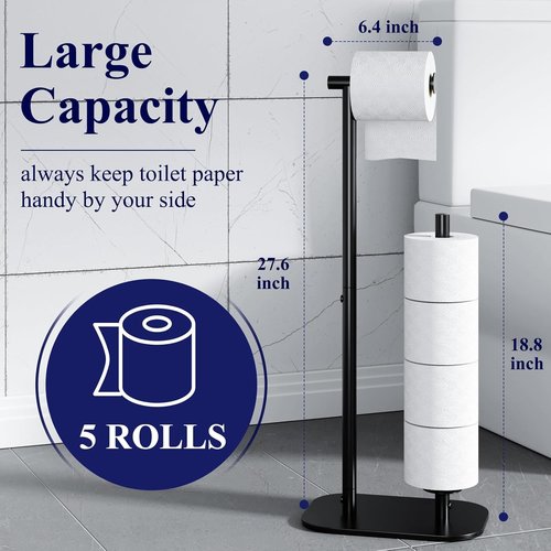 Kitsure Toilet Paper Holder - Large Capacity Free Standing Holder for 4 Rolls | Rustproof & Non-Slip Base, Black
