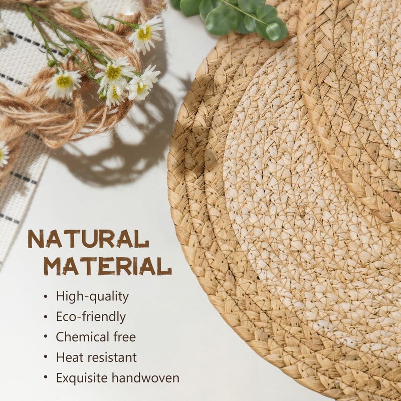 13.8 in Round Boho Placemats Table Mats Set of 8, Farmhouse Rustic Woven Plate Charger for Dinner Plates, Rattan Jute Wicker Braided Place Mats Chargers for Dining Table Decor