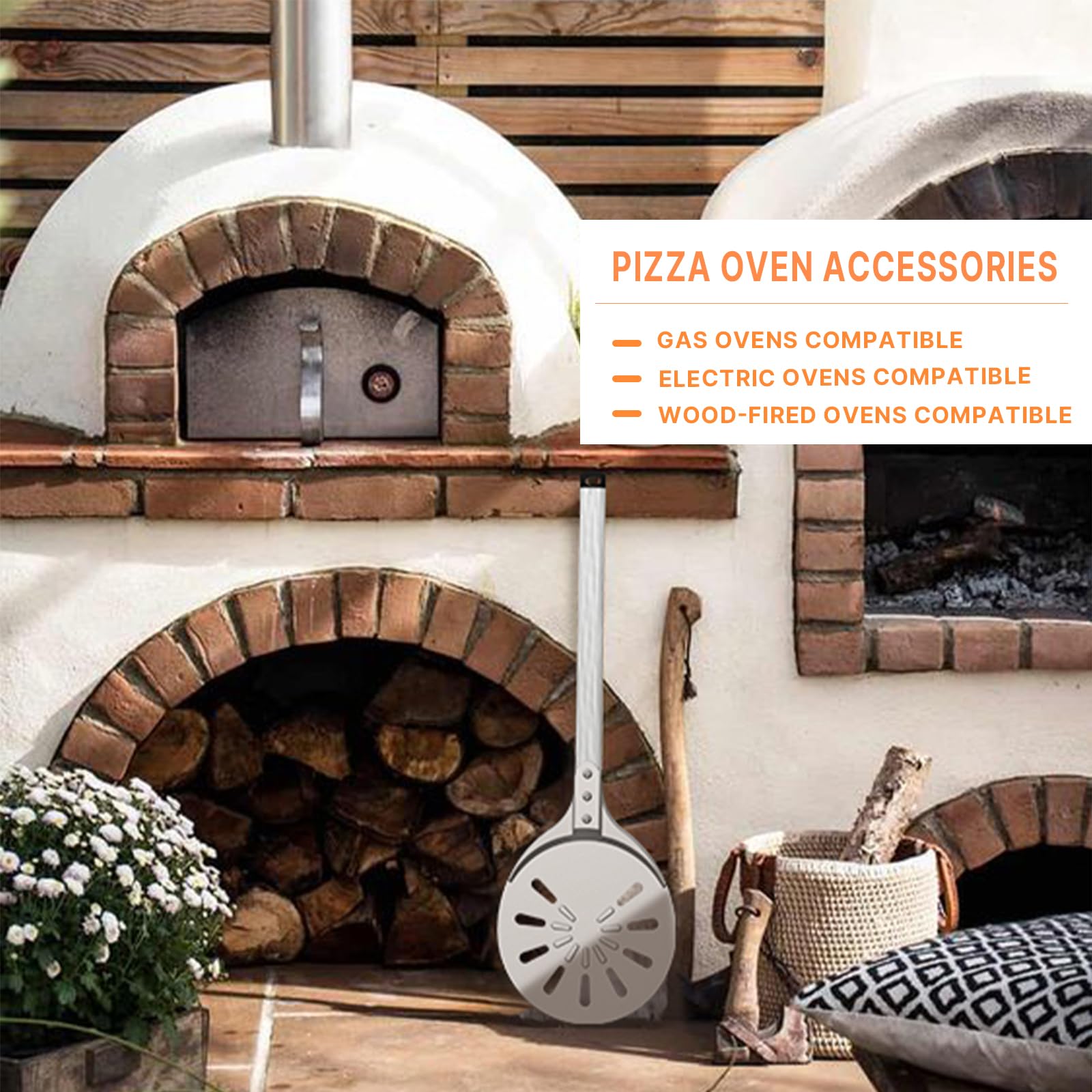 Pizza Turning Peel, 8-inch Pizza Peel Turner Spinner, Long Handle Perforated Aluminum Pizza Peel with Silicone Hook, Pizza Oven Accessories